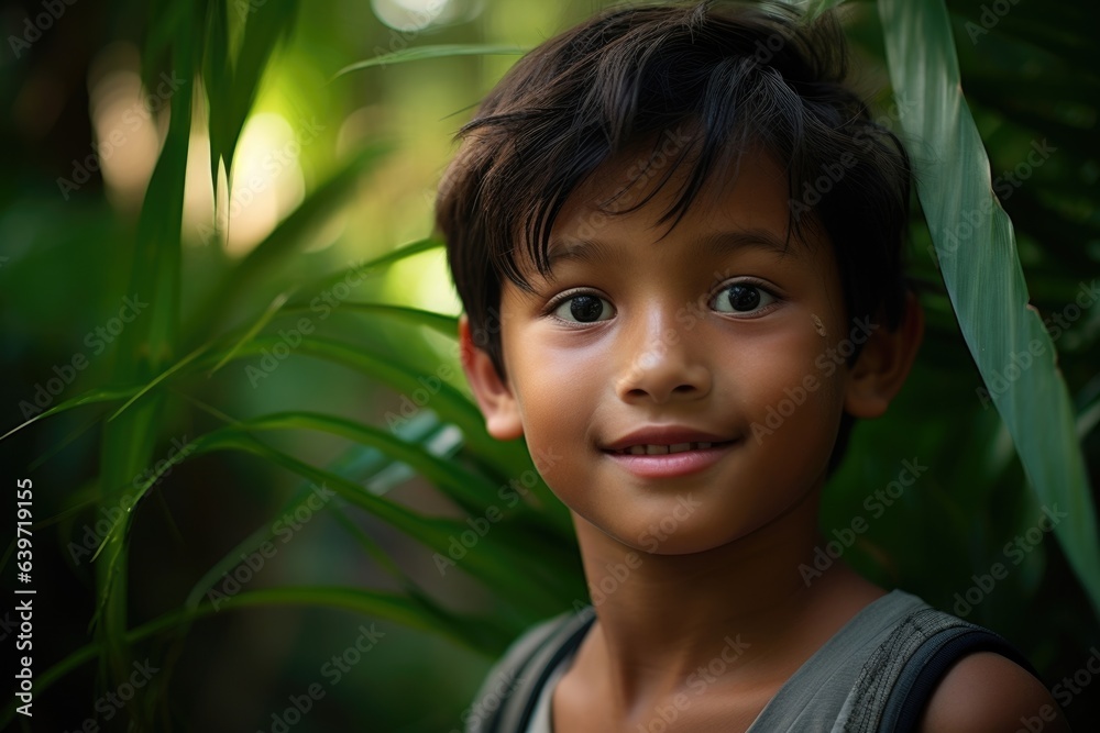 A young Asian boy stands in the middle of a lush jungle. His bright eyes shine against the backdrop of green and he grins with joy as he takes in his natural surroundings. A young Asian boy stands in the middle of a lush jungle. His bright eyes shine against the backdrop of green and he grins with joy as he takes in his natural surroundings.