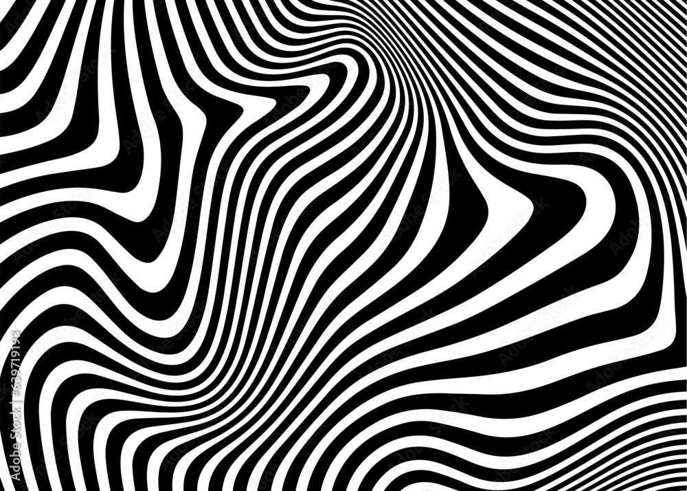 Abstract op art texture with wavy stripes. Creative background with distorted lines. Striped diagonal lines, design with distortion, vector template