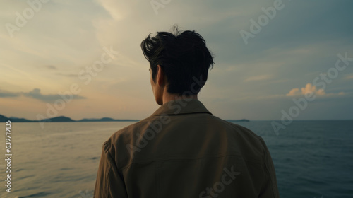 An Indonesian man stands confidently facing a vast expanse of sea that stretches out before him. He wears a tan jacket his black eyes piercing with determination.