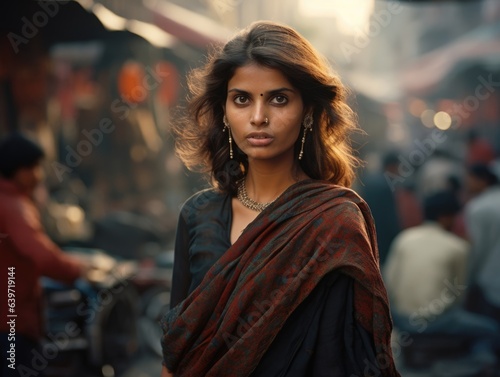 An Indian woman standing in a bustling street market. With a dark shawl dd on her shoulders she surveys the crowd with a bemused look on her face.