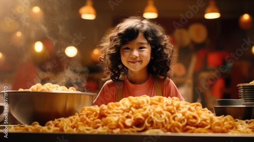 A little Asian girl stands in front of a food stand her eyes wide with wonderment. She holds onto a platter of noodles as she stares at the array of options with curiosity and delight.