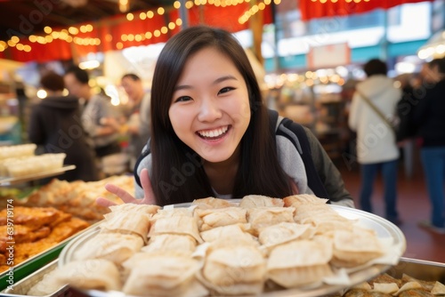 A young Asian woman stands up in the middle of a bustling food market her tray full of tamales and pork buns. Shes grinning excitedly ready to delight in the deliciousness of her meal.
