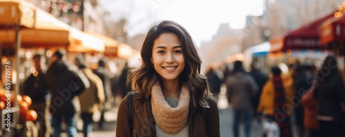 A lively street scene of a multicultural Asian community with a young Asian woman of Indian origin posing proudly in the middle of the composition symbolizing the diversity of the