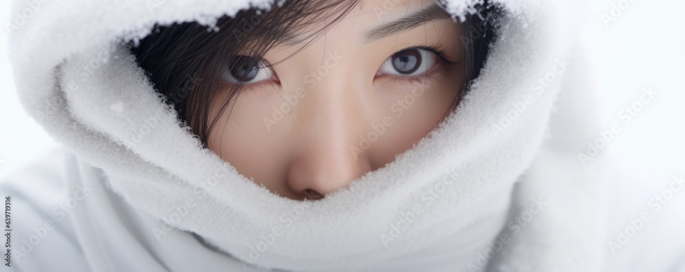 An Asian woman is partially obscured by a thick blanket of snow. She looks out into the white landscape her expression stoic as she reflects on the relentless movement of time. An Asian woman is partially obscured by a thick blanket of snow. She looks out into the white landscape her expression stoic as she reflects on the relentless movement of time.