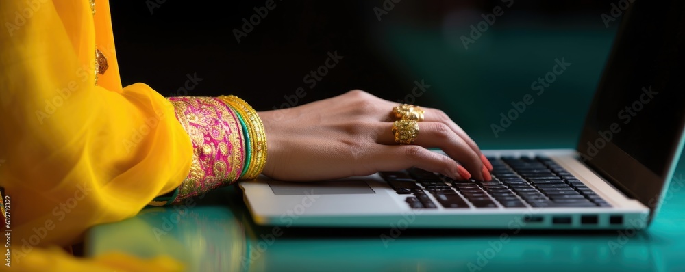 An Indian worker in a brightly coloured sari seated at a computer her long fingernails tapping away expertly at the keys. A feeling of calm determination radiates from her as she sets