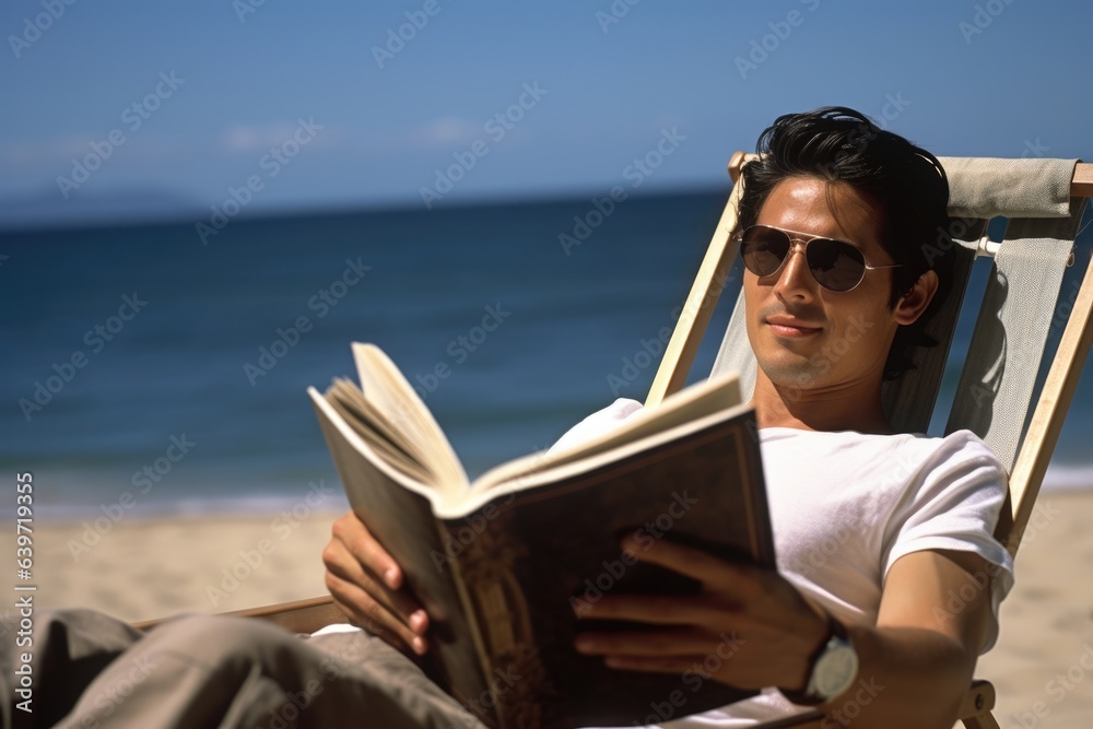 A Japanese man kicks back in a beach chair with a book in his hand the sound of waves crashing in the background. His sleek darkbrown hair lightly dusty him the suns rays highlighting