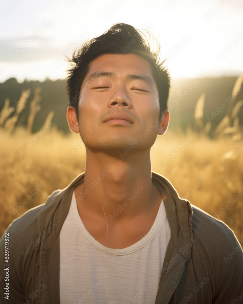 A young Asian man standing in the middle of a grassy field. His eyes are shut tight as the sunlight warms his skin. This peaceful moment of mindfulness is a reprieve from lifes stresses.