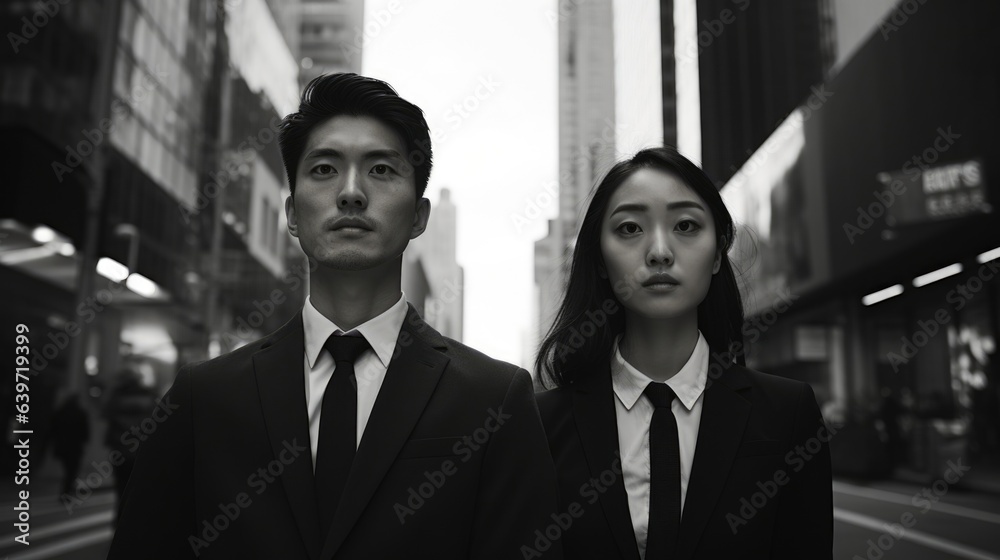 Fototapeta premium Two young Asian professionals stand poised and seriousfaced against a backdrop of contrasting black and white city streets. The stark palms and uniform clothing allude to a life of