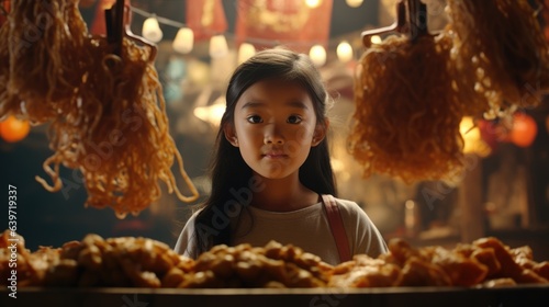 A little Asian girl stands in front of a food stand her eyes wide with wonderment. She holds onto a platter of noodles as she stares at the array of options with curiosity and delight.