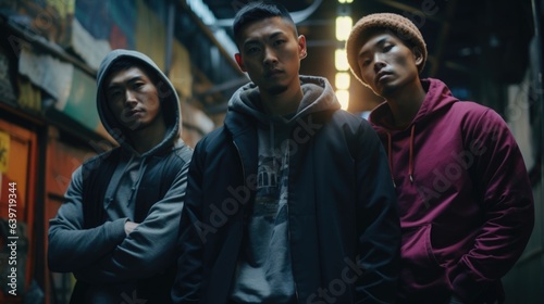 A trio of Asian men embrace in an alley of graffiti art. Their fashion adorned in vibrant hues their eyes filled with admiration for the work of budding street artists. The statement