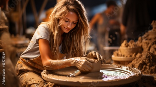 a young woman molding the clay on a potter‘s wheel photo