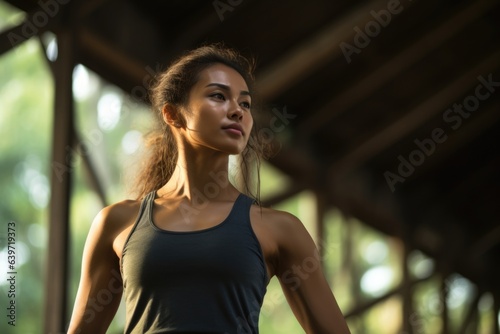 A Southeast Asian woman stands in a martial arts pose having just completed a workout session. Her supple muscles are emphasized with every confident movement she makes and are glistening © Justlight