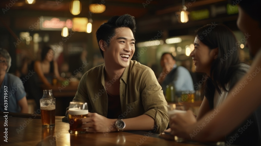 A Vietnamese man enjoys a few beers with friends a shuffleboard table in front of them. His short black hair is lightly sprinkled with sweat his relaxed smile the only indication that