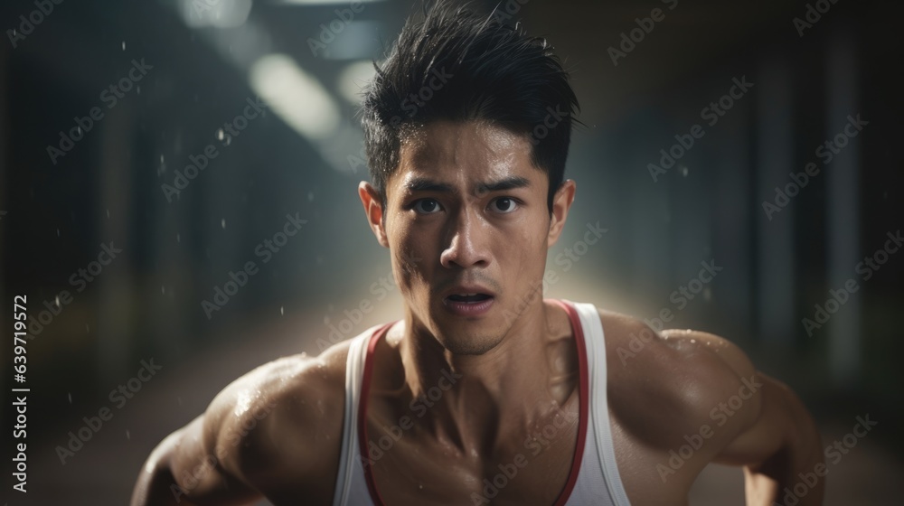 A fit Asian man wearing a tshirt and shorts with a determined expression on his face as he speeds through a track training session his face and clothes damp with sweat.