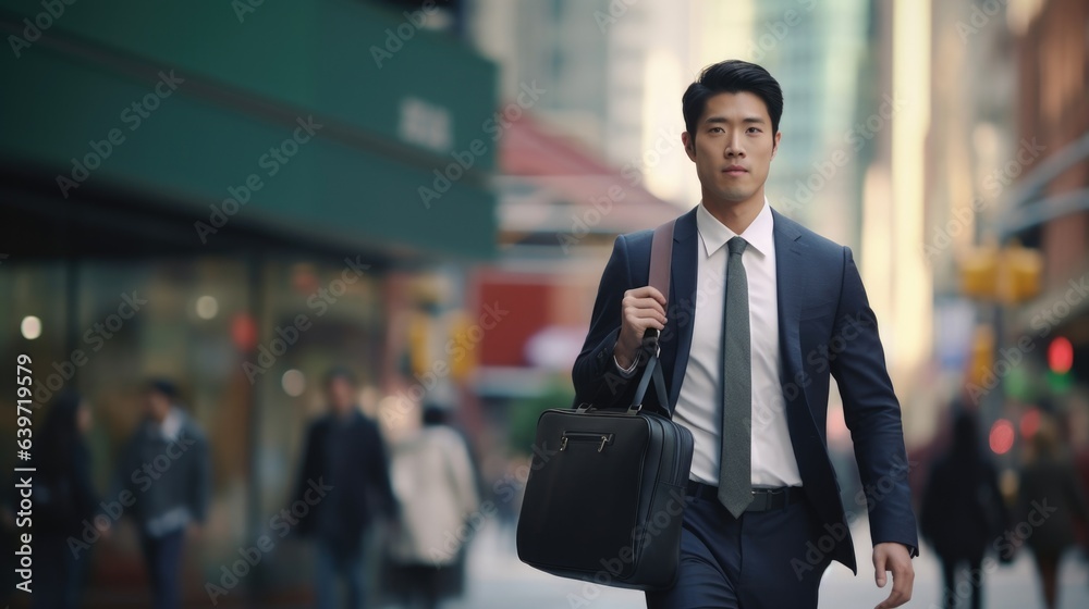 A sleek Chinese man wearing a navy blazer and tie strides forcefully down a city sidewalk briefcase in hand. His stern expression indicates his singlemindedness towards the upcoming A sleek Chinese man wearing a navy blazer and tie strides forcefully down a city sidewalk briefcase in hand. His stern expression indicates his singlemindedness towards the upcoming