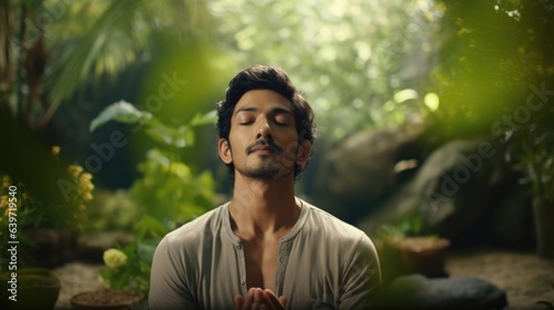 An Asian man meditating in a peaceful garden surrounded by lush foliage. His deep brown eyes are closed and he is in the moment taking time for a breath of clarity in the midst of photo