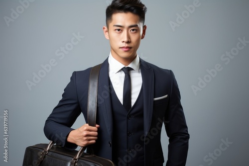 Against a stark white backdrop a fashionable Chinese gentleman stands with confidence in a welltailored navy suit a sleek leather briefcase in hand. His angular features and mischievous photo