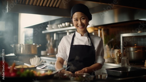 An Asian woman in a chefs hat stands proudly at the helm of a busy kitchen her hands expertly moving around ingredients as she creates a delicious dish. Her expression is focused and