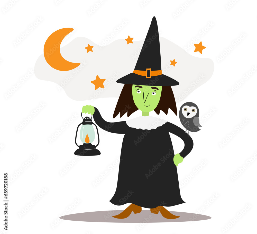 Little witch with a lamp in her hand and an owl on her shoulder against the backdrop of the night sky with the moon and stars. Witch for Halloween. Vector graphics.