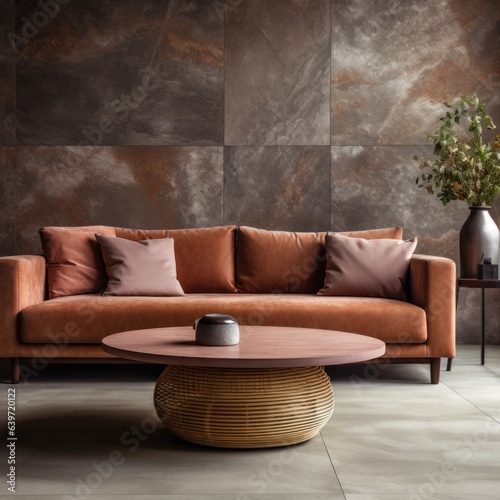 Terra cotta velvet sofa and round coffee table near stone panel wall. Interior design of modern living room