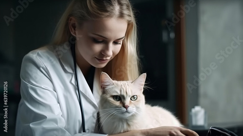 Veterinarian doctor examining a cat. Created with Generative AI technology.