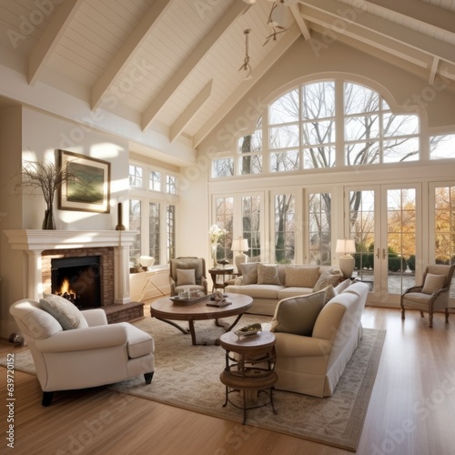 Traditional home interior design of modern living room with vaulted ceiling