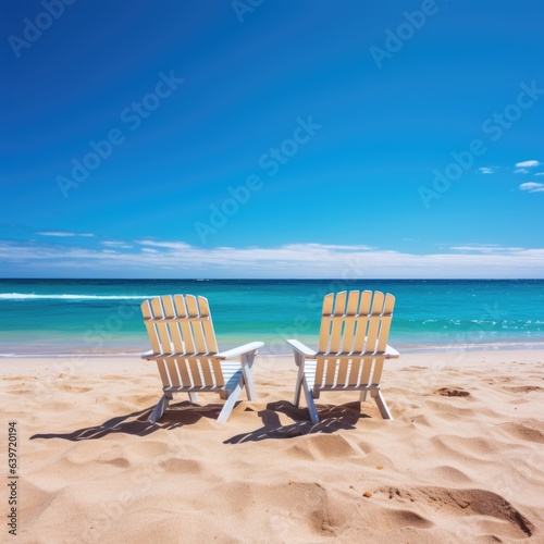 Two beach chairs on sea shore near water under blue clear sky. Stunning seascape background  summer vacation concept