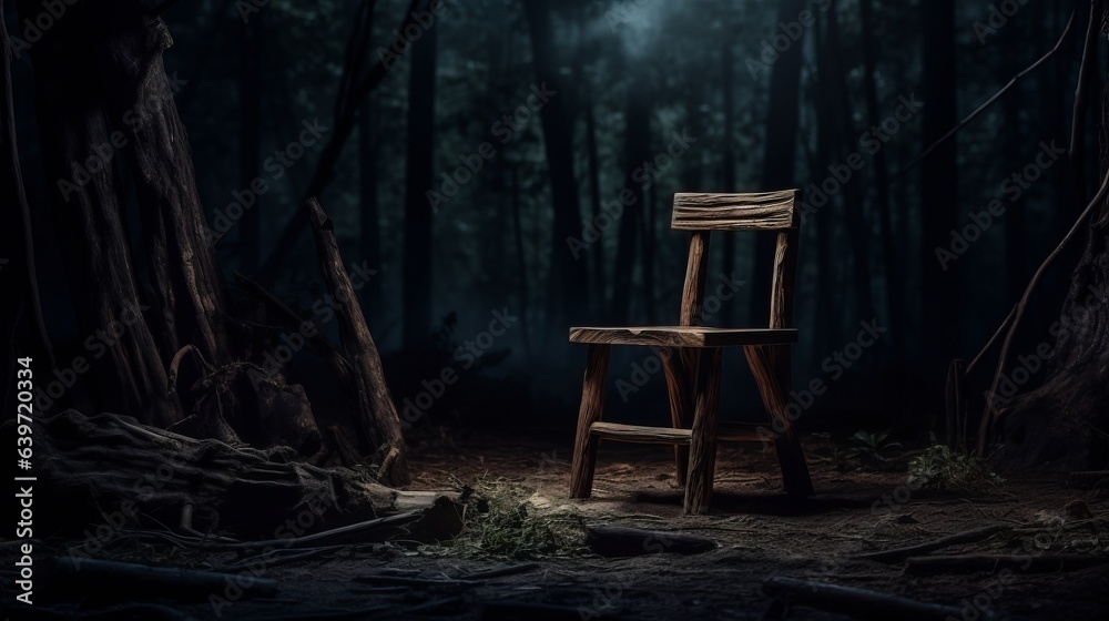 An empty wooden chair in the midst of a serene forest
