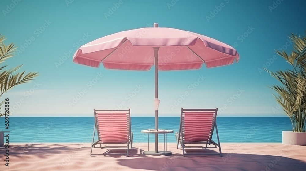 A relaxing poolside scene with pink umbrella and chairs