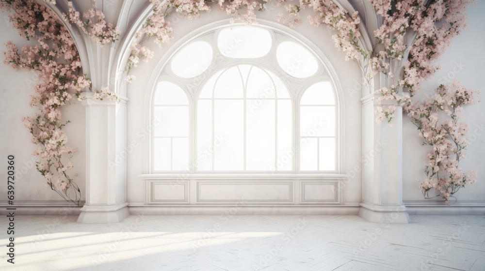 A white elegance room with arch and flowers in the wall