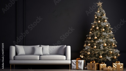 A festive living room adorned with a beautifully decorated Christmas tree and presents
