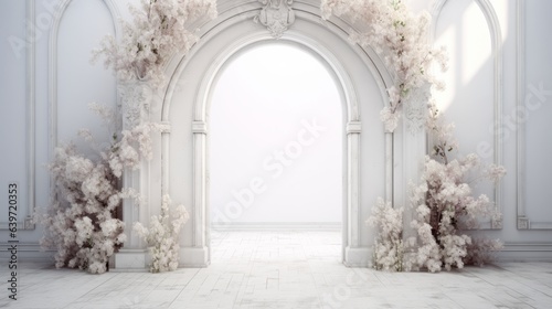 A white elegance room with arch and flowers in the wall