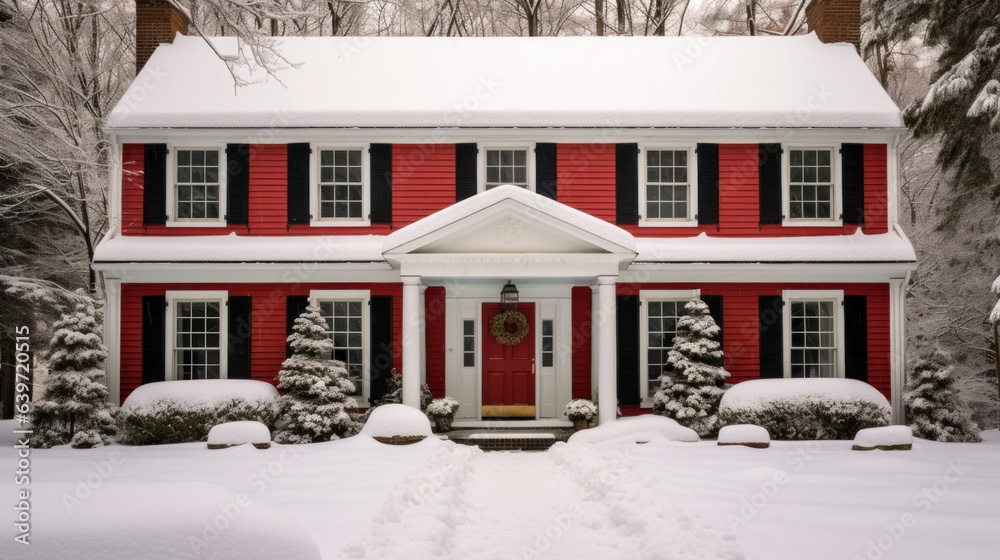A red twostory colonial home with a snowcovered portico and red shutters surrounded by a forest of evergreen trees.