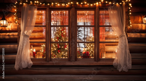 Festive lights adorning the windows of a cozy log cabin