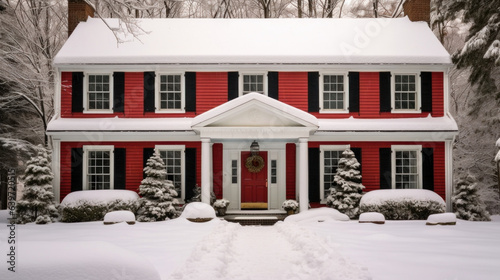 A red twostory colonial home with a snowcovered portico and red shutters surrounded by a forest of evergreen trees. photo