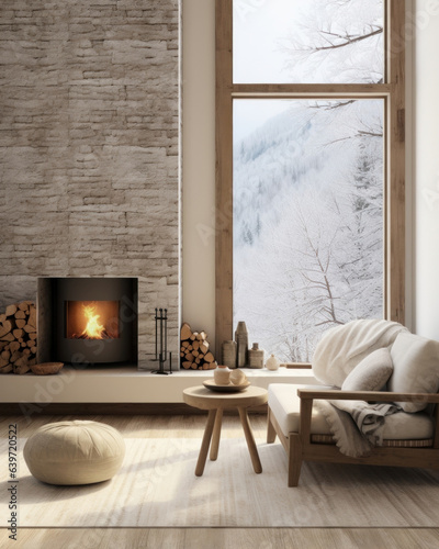 Foto A comfortable winter cottage interior featuring a massive stone chimney and a wo