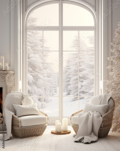 A picturesque winter interior with a glowing hearth a cozy bergere chair next to the fire and French doors with wintry scenes in full view. photo