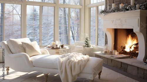 Fotografija An inviting winter interior featuring a broad brick fireplace a soft white chais