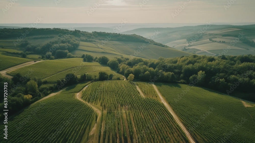 Aerial view over fields. Created with Generative AI technology.