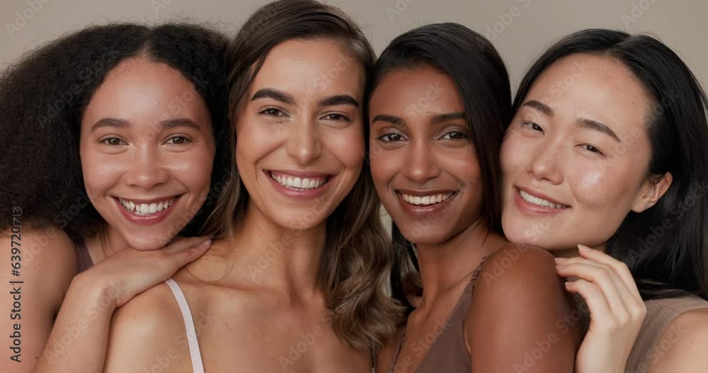 Natural beauty, skincare and diversity with women, dermatology and face isolated on studio background. Wellness, unique healthy skin and inclusion with cosmetic care, makeup shine and portrait