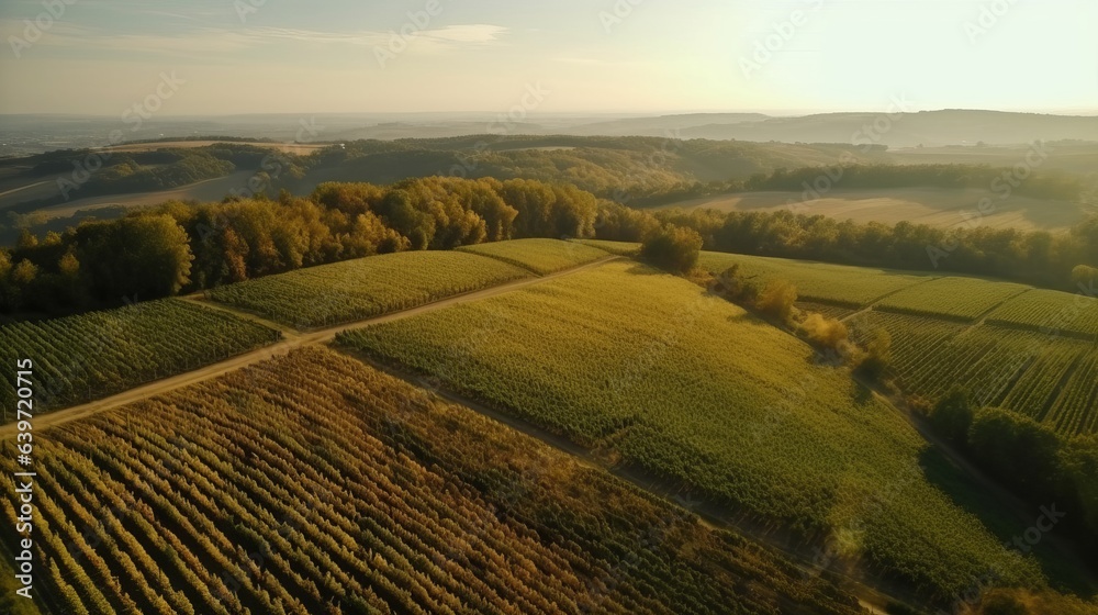 Aerial view over fields. Created with Generative AI technology.