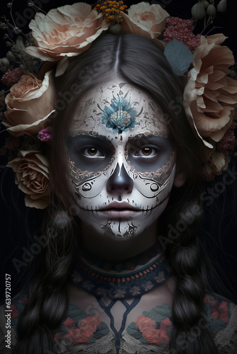 Young girl with the Day of the Dead make up and costume, Mexican tradition, generative AI