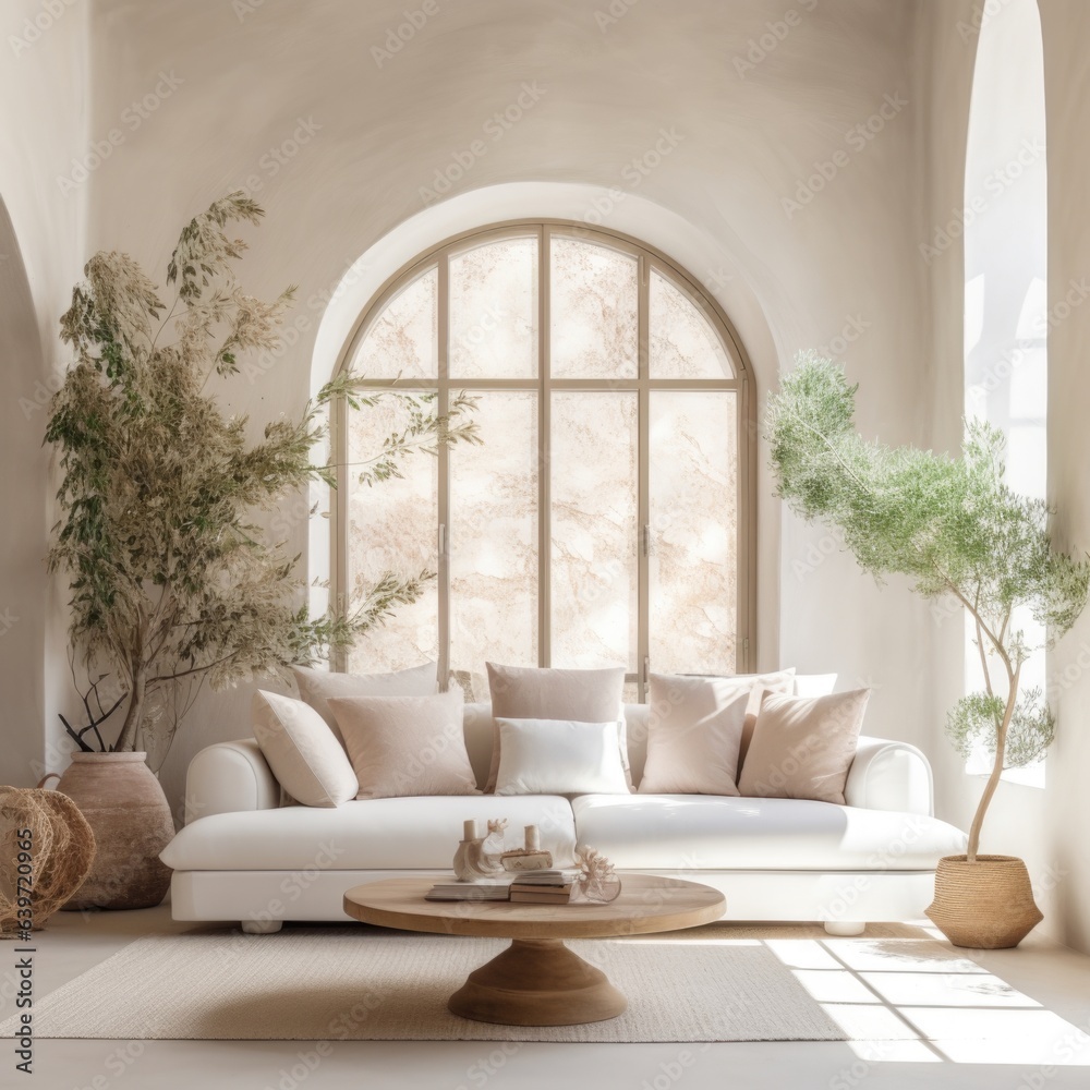 White sofa in boho style room with arched window and stucco walls. Rustic interior design of modern living room White sofa in boho style room with arched window and stucco walls. Rustic interior design of modern living room