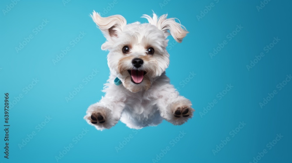Photo of a small white dog jumping in the air Photo of a small white dog jumping in the air