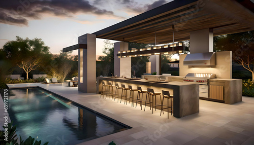custom outdoor kitchen & living area design of high-end luxury style custom homes