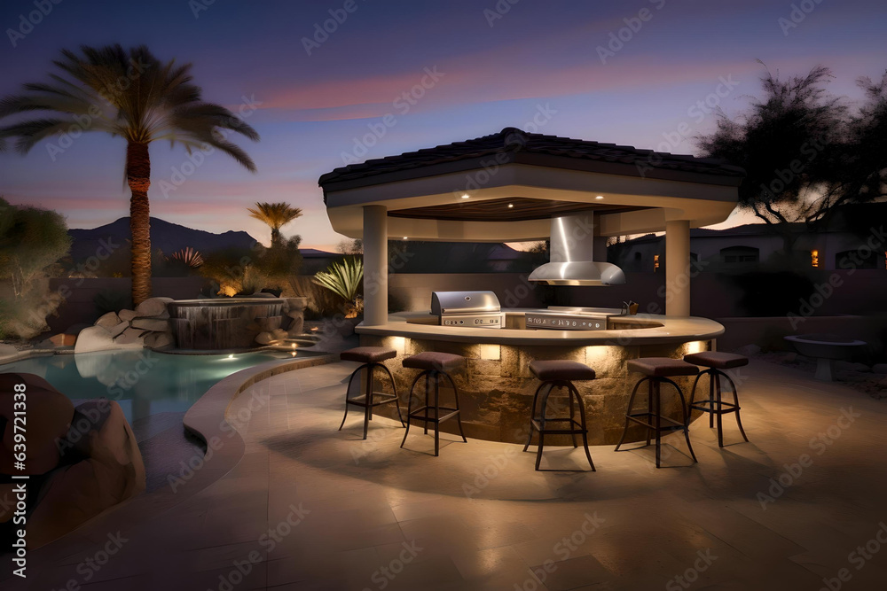 Fototapeta premium custom outdoor kitchen & living area design of high-end luxury style custom homes