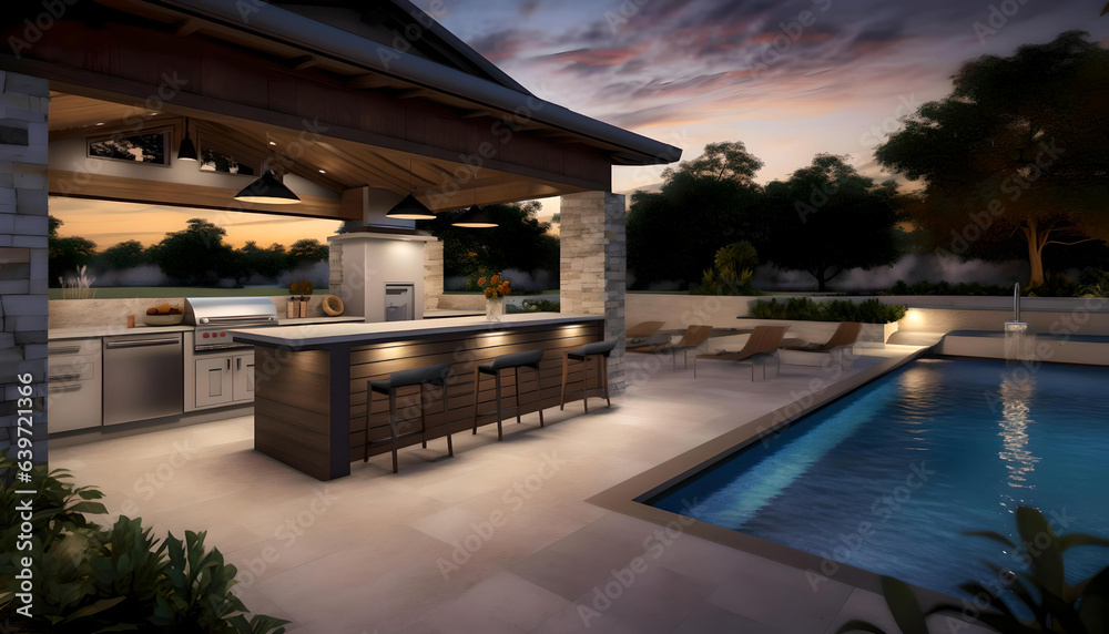 Fototapeta premium custom outdoor kitchen & living area design of high-end luxury style custom homes