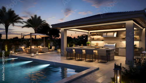 custom outdoor kitchen & living area design of high-end luxury style custom homes © Brandon