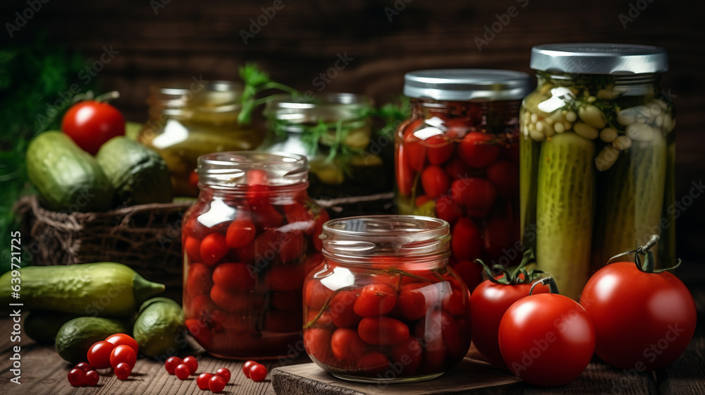 Canned cucumbers and cherry. Created with Generative AI technology. Canned cucumbers and cherry. Created with Generative AI technology.