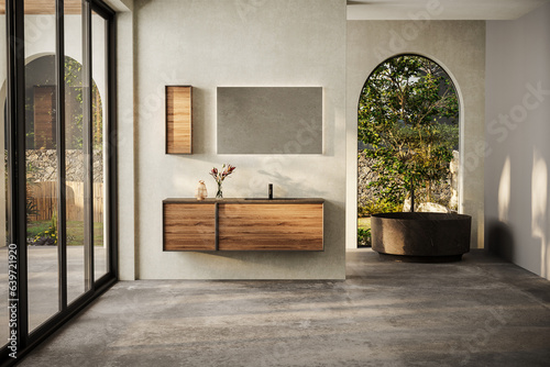 Bild auf Leinwand Modern bathroom with marble basin, vanity and round mirror, a round bathtub, and a sleek concrete floor